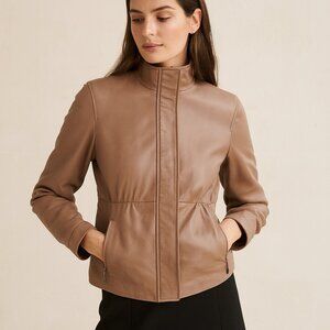 VINCE $995 Goat Leather Jacket Moto Biker Casual Taupe/Brown Full Zip size XS